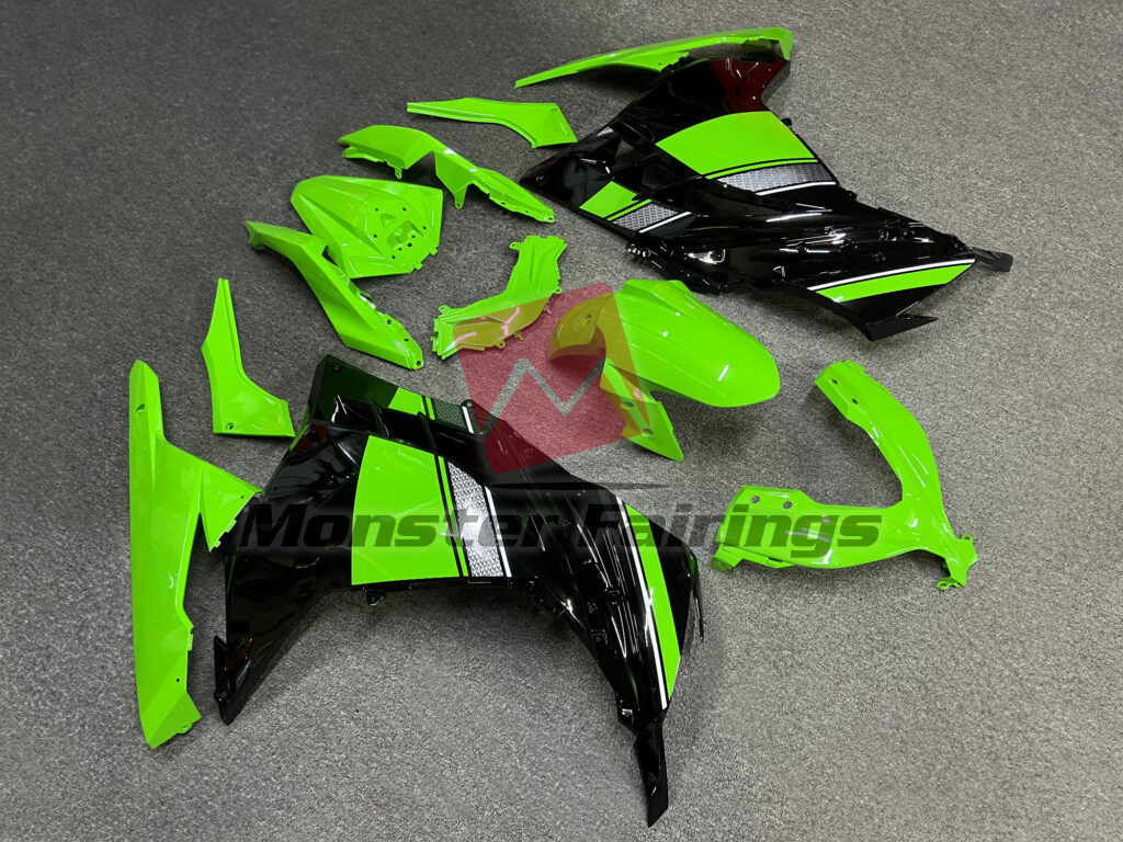 2013 - 2022 Kawasaki Ninja 300 Gloss Light Green & Black Silver White fairing set - ABS injection, custom painted by Monster Fairings