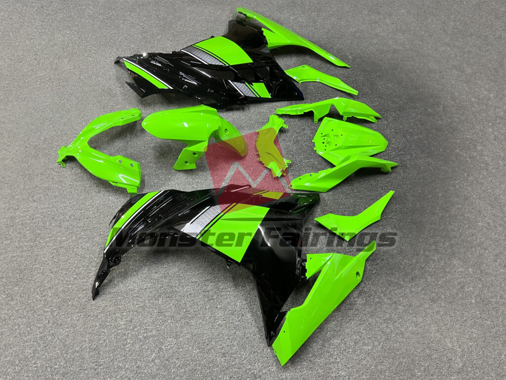 Kawasaki Ninja 300 custom ABS fairings 2013 - 2022 in Gloss Light Green & Black Silver White - durable replacement kit, Monster Fairings