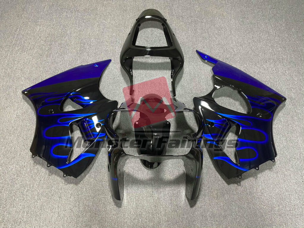 Kawasaki ZX6R 2000 - 2002 Gloss Black Blue Flame ABS fairings - custom motorcycle bodywork kit by Monster Fairings