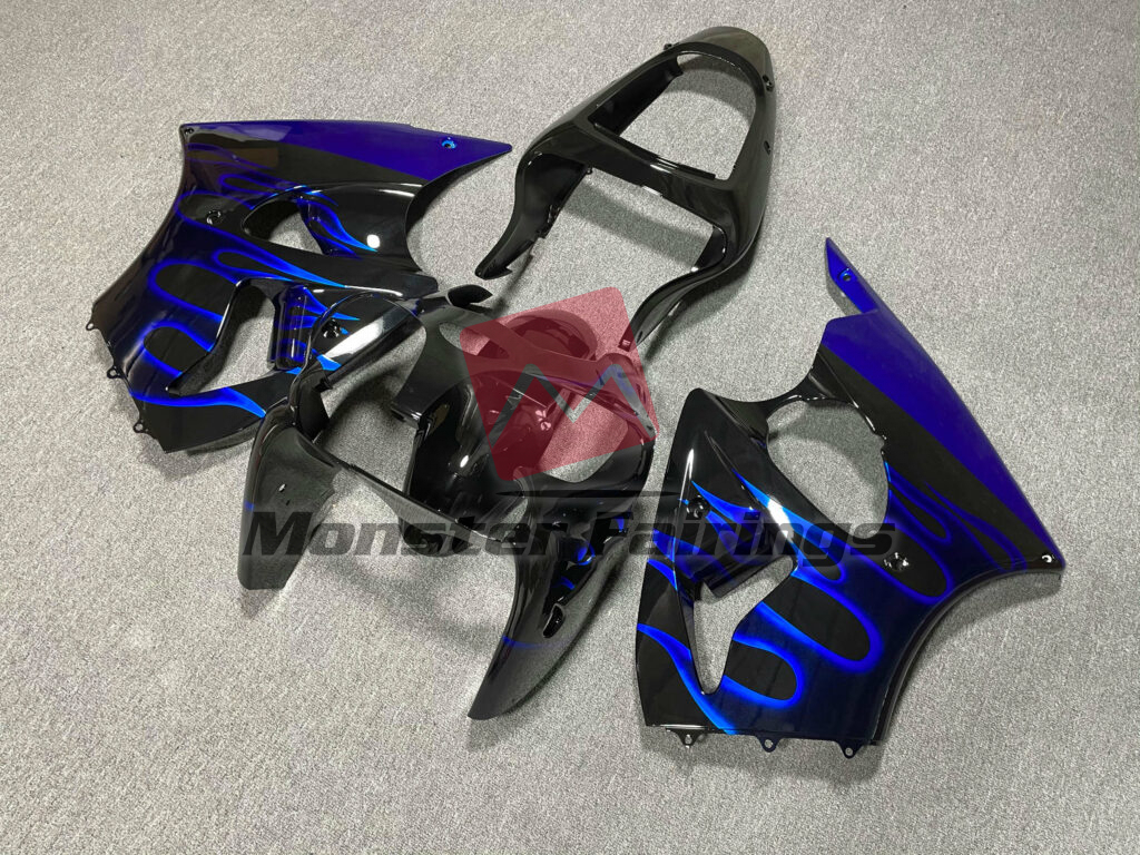 Gloss Black Blue Flame ABS fairings for Kawasaki ZX6R 2000 - 2002 - premium OEM fit kit by Monster Fairings