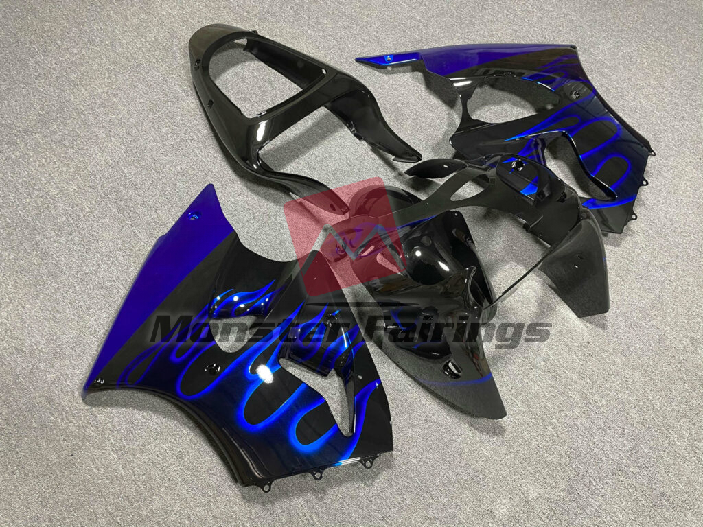Kawasaki ZX6R custom ABS fairings 2000 - 2002 in Gloss Black Blue Flame - durable replacement kit, Monster Fairings