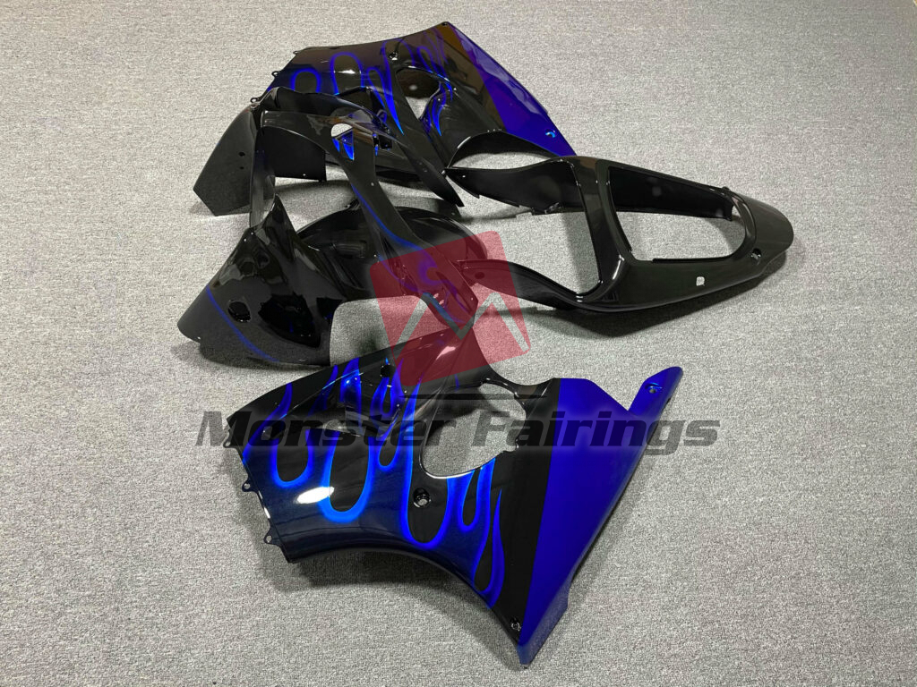 2000 - 2002 Kawasaki ZX6R Gloss Black Blue Flame fairing set - ABS injection, custom painted by Monster Fairings