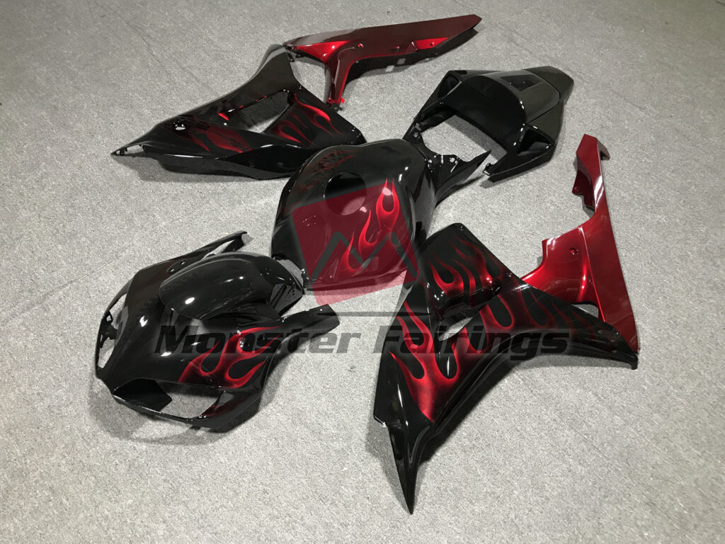 Honda CBR1000RR custom ABS fairings 2006 - 2007 in Gloss Black with Red Flames - durable replacement kit, Monster Fairings