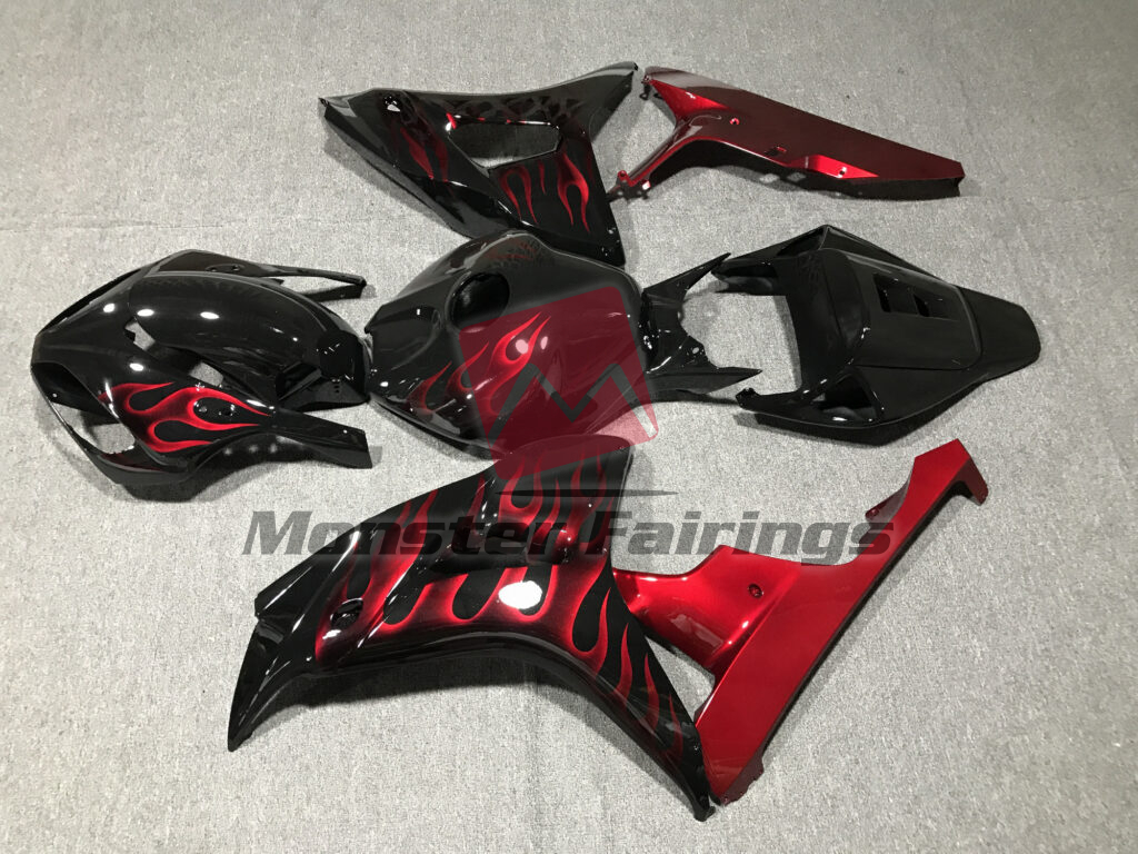 2006 - 2007 Honda CBR1000RR Gloss Black with Red Flames fairing set - ABS injection, custom painted by Monster Fairings