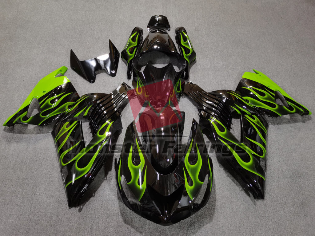 Kawasaki ZX14R 2006 - 2011 Gloss Black Light Green Flames ABS fairings - custom motorcycle bodywork kit by Monster Fairings