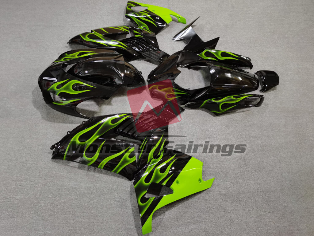 Gloss Black Light Green Flames ABS fairings for Kawasaki ZX14R 2006 - 2011 - premium OEM fit kit by Monster Fairings