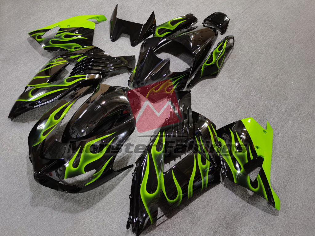 Kawasaki ZX14R custom ABS fairings 2006 - 2011 in Gloss Black Light Green Flames - durable replacement kit, Monster Fairings