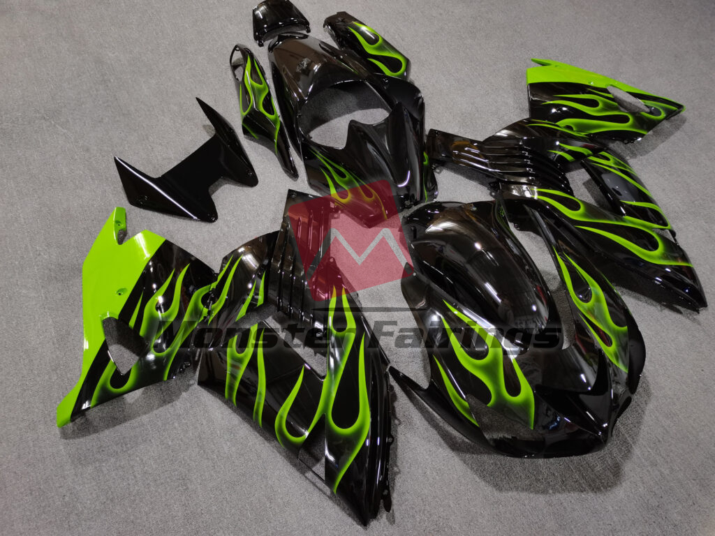 2006 - 2011 Kawasaki ZX14R Gloss Black Light Green Flames fairing set - ABS injection, custom painted by Monster Fairings