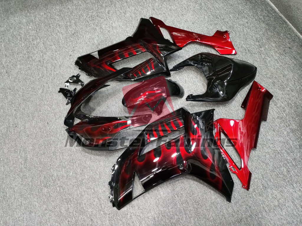 Kawasaki ZX6R custom ABS fairings 2007 - 2008 in Gloss Black Red Flames - durable replacement kit, Monster Fairings