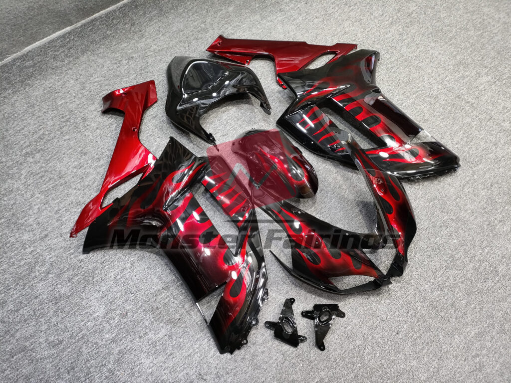 Gloss Black Red Flames ABS fairings for Kawasaki ZX6R 2007 - 2008 - premium OEM fit kit by Monster Fairings
