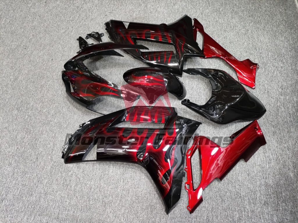 2007 - 2008 Kawasaki ZX6R Gloss Black Red Flames fairing set - ABS injection, custom painted by Monster Fairings