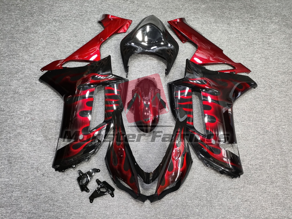 Gloss Black with Red Flames - ZX6R 07-08 - Monster Fairings