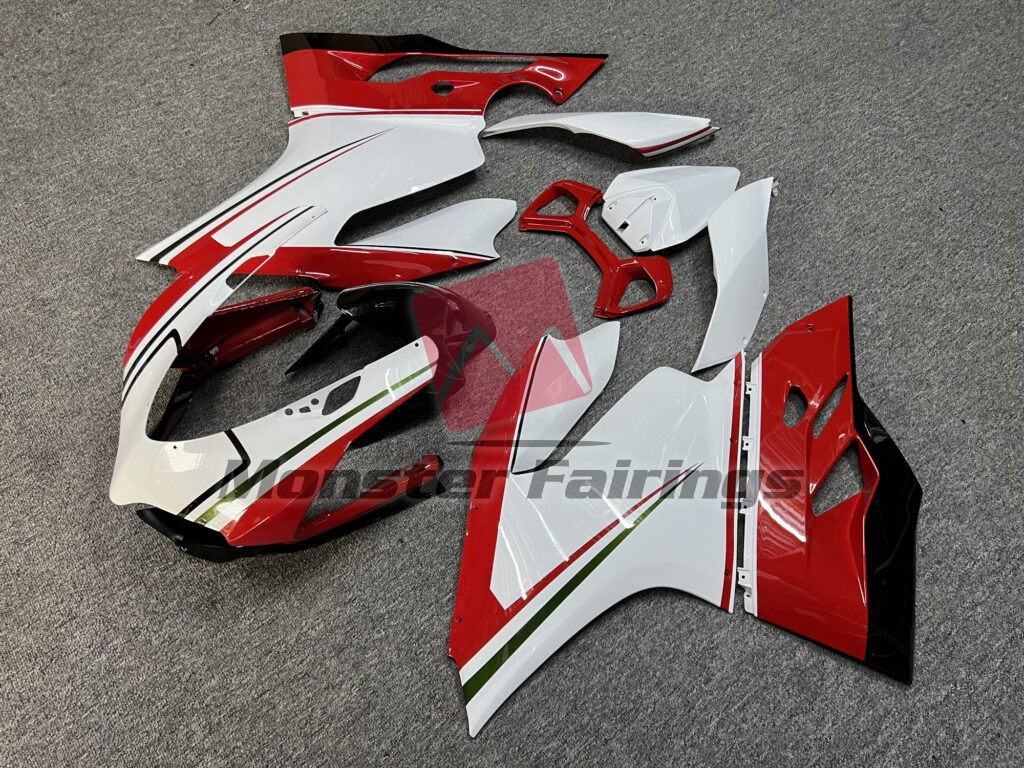 Ducati 1199 custom ABS fairings in Gloss White with Red & Black - durable replacement kit, Monster Fairings