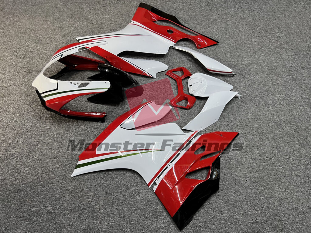 Ducati 1199 Gloss White with Red & Black fairing set - ABS injection, custom painted by Monster Fairings