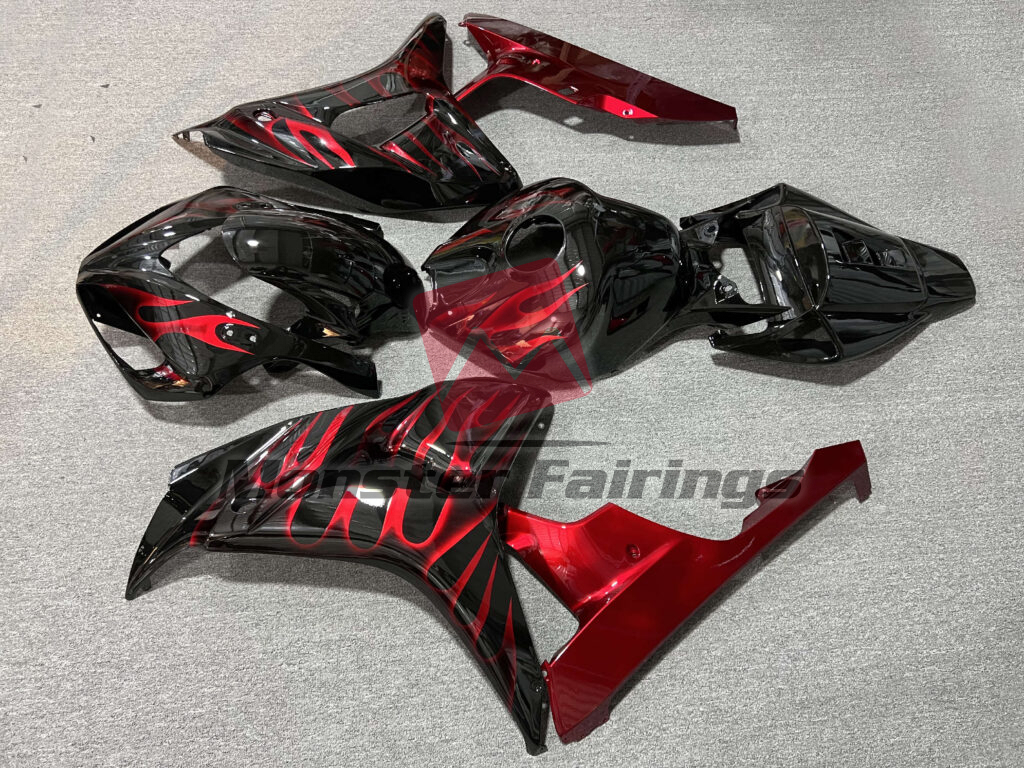 2006 - 2007 Honda CBR1000RR Gloss Black With Red Flames fairing set - ABS injection, custom painted by Monster Fairings