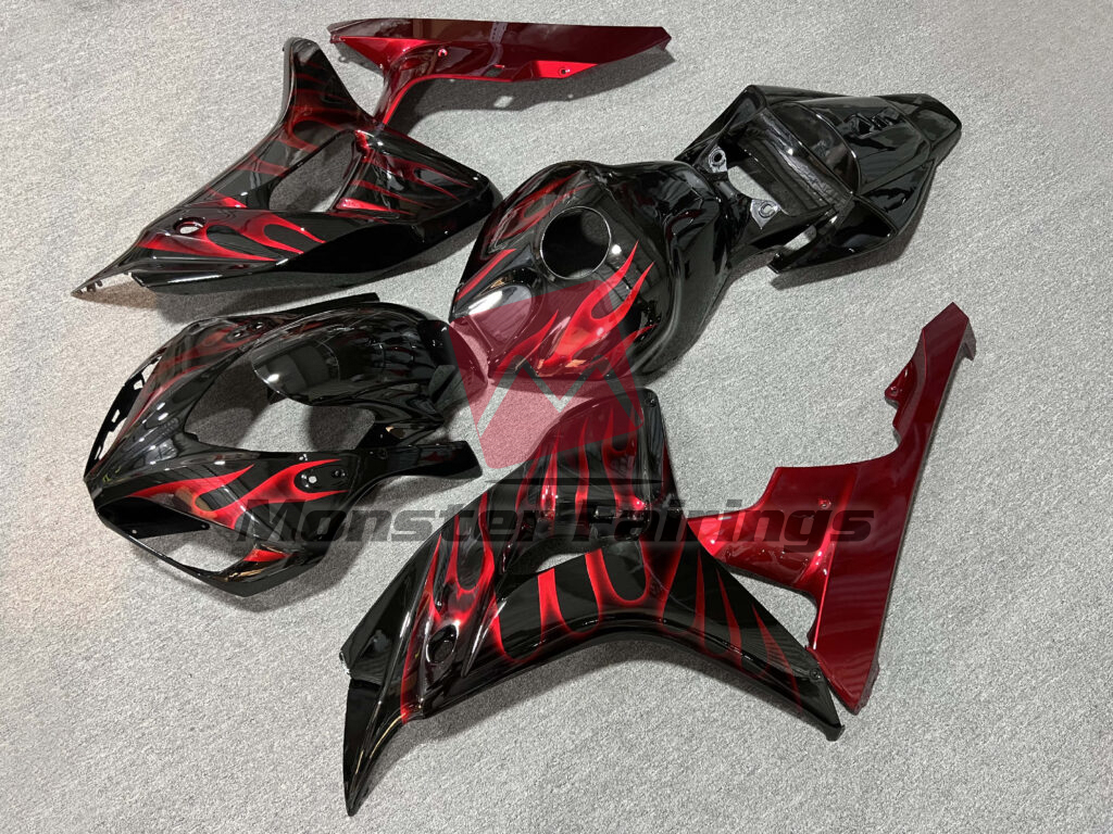 Honda CBR1000RR custom ABS fairings 2006 - 2007 in Gloss Black With Red Flames - durable replacement kit, Monster Fairings