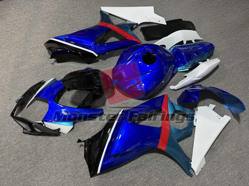Suzuki GSXR 1000 custom ABS fairings 2007 - 2008 in Gloss Blue, White & Black - durable replacement kit, Monster Fairings