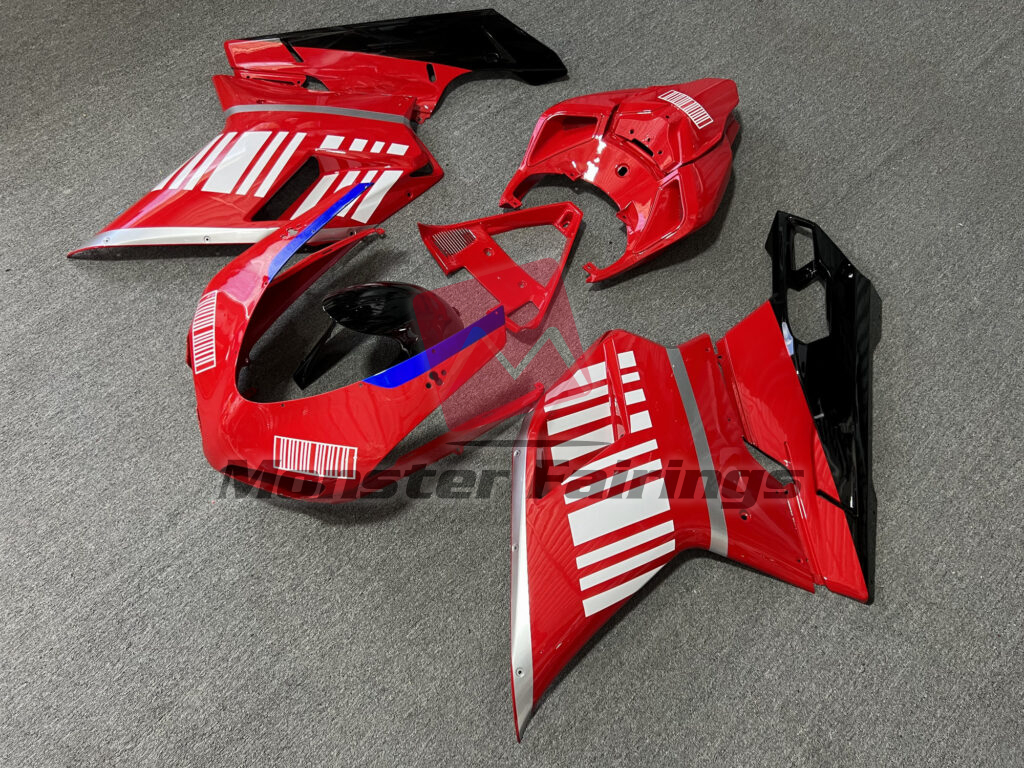 Ducati 848 1098 1198 custom ABS fairings 2007 - 2012 in Gloss Red & Black with White - durable replacement kit, Monster Fairings