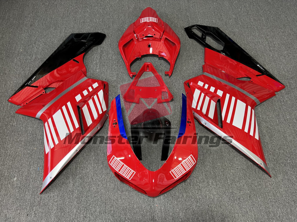 Ducati 848 1098 1198 2007 - 2012 Gloss Red & Black with White ABS fairings - custom motorcycle bodywork kit by Monster Fairings