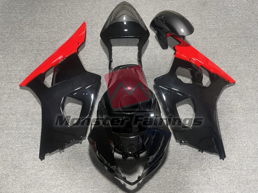 Suzuki GSXR 1000 2003 - 2004 Gloss Black & Red with Carbon Fiber ABS fairings - custom motorcycle bodywork kit by Monster Fairings