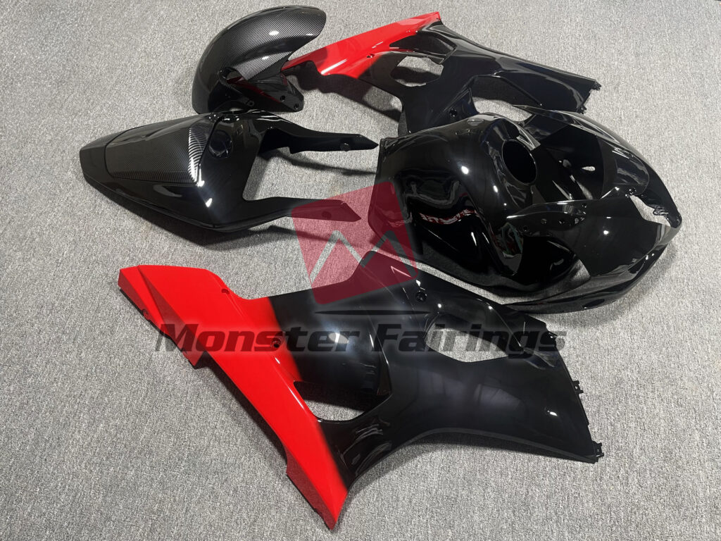 Suzuki GSXR 1000 custom ABS fairings 2003 - 2004 in Gloss Black & Red with Carbon Fiber - durable replacement kit, Monster Fairings