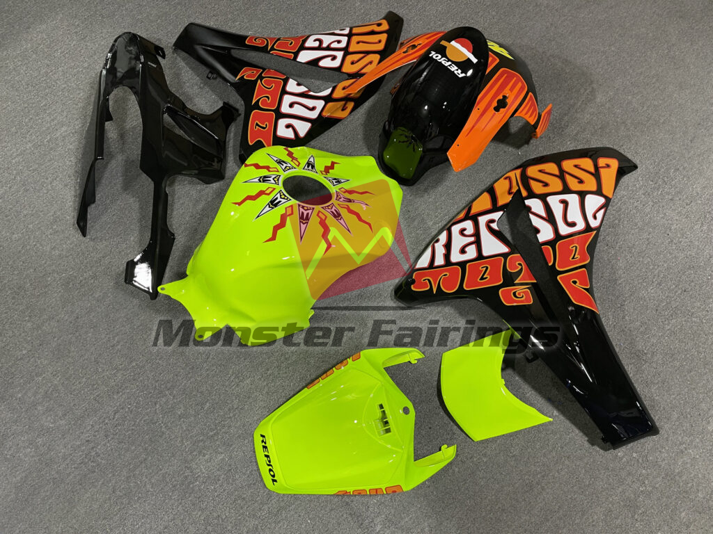 2008 - 2011 Honda CBR1000RR Gloss Black & High - Viz Yellow Rossi fairing set - ABS injection, custom painted by Monster Fairings