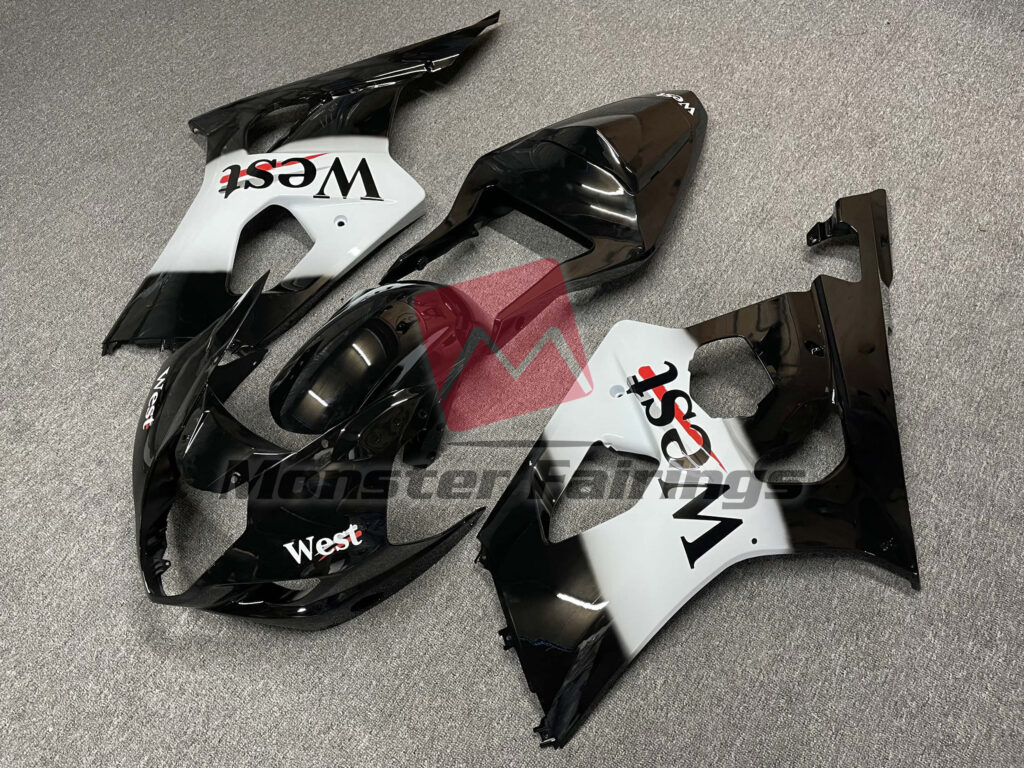 Suzuki GSXR custom ABS fairings 2003 - 2004 in Gloss Black & White West - durable replacement kit, Monster Fairings
