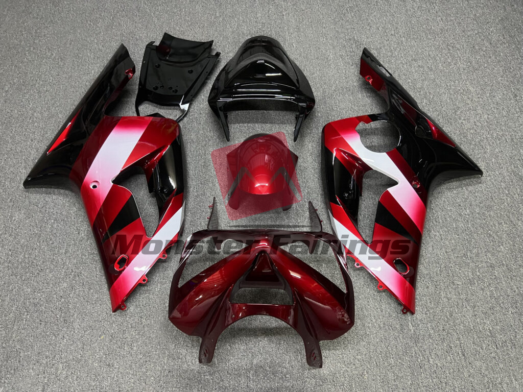 Kawasaki ZX6R 2003 - 2004 Gloss Red & Black Stripes ABS fairings - custom motorcycle bodywork kit by Monster Fairings