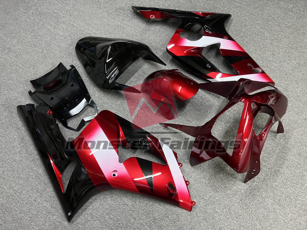 2003 - 2004 Kawasaki ZX6R Gloss Red & Black Stripes fairing set - ABS injection, custom painted by Monster Fairings