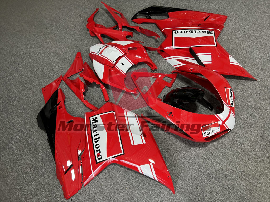 Ducati 848 1098 1198 custom ABS fairings 2007 - 2013 in Gloss Red & White Marlboro - durable replacement kit, Monster Fairings