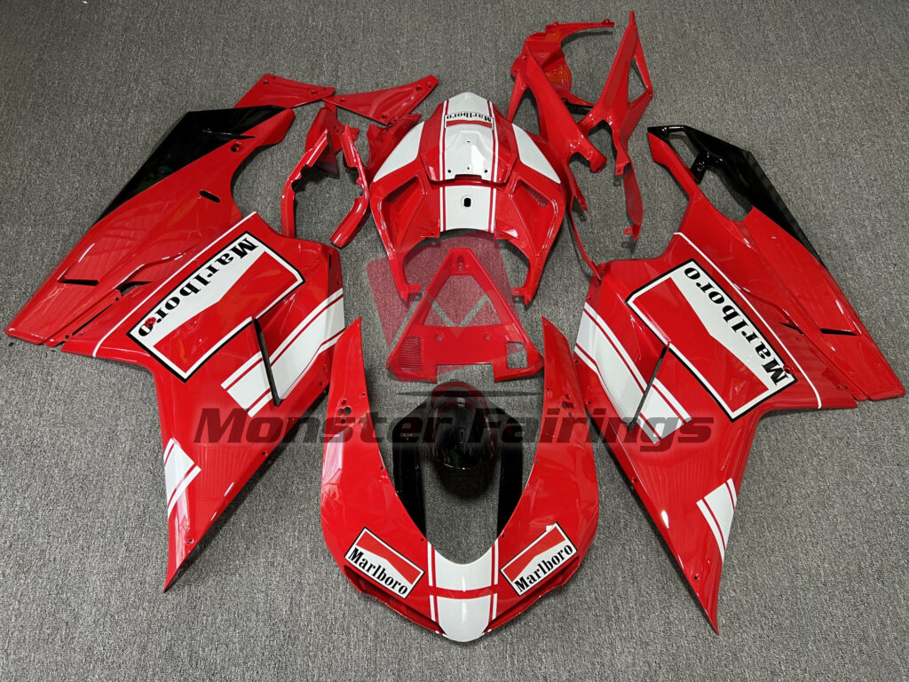 Ducati 848 1098 1198 2007 - 2013 Gloss Red & White Marlboro ABS fairings - custom motorcycle bodywork kit by Monster Fairings