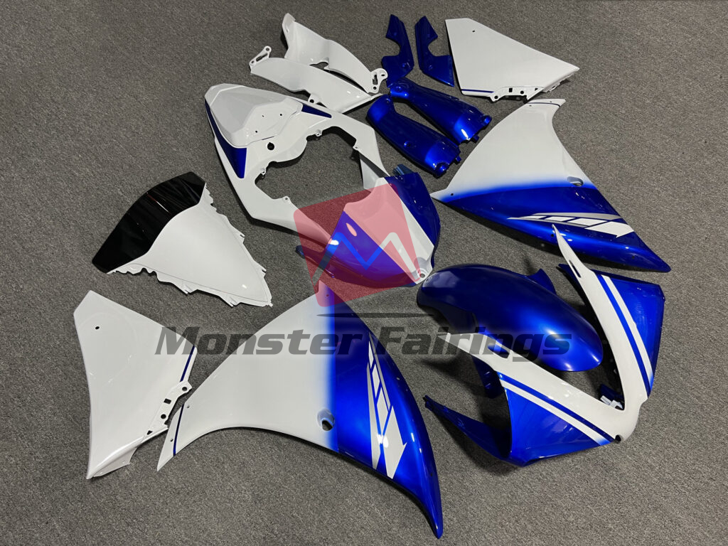 Yamaha R1 custom ABS fairings 2012 - 2014 in Gloss White & Blue - durable replacement kit, Monster Fairings