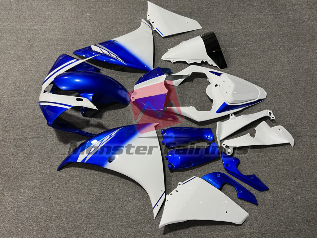 2012 - 2014 Yamaha R1 Gloss White & Blue fairing set - ABS injection, custom painted by Monster Fairings