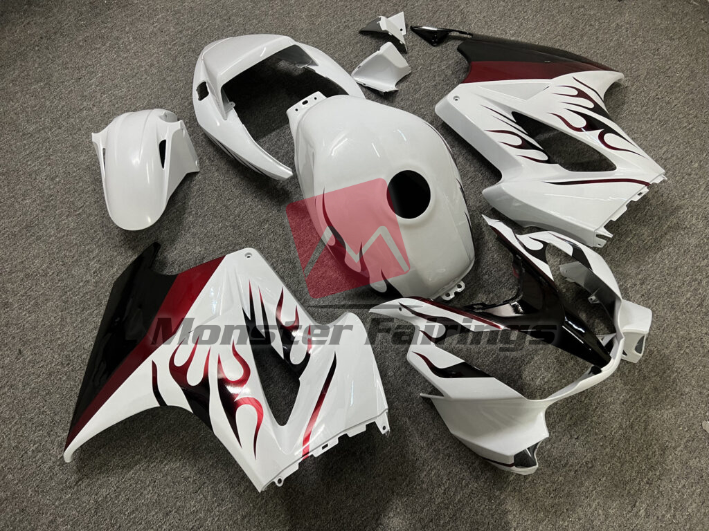 Honda VFR800 custom ABS fairings 2002 - 2012 in Gloss White Red Flames - durable replacement kit, Monster Fairings