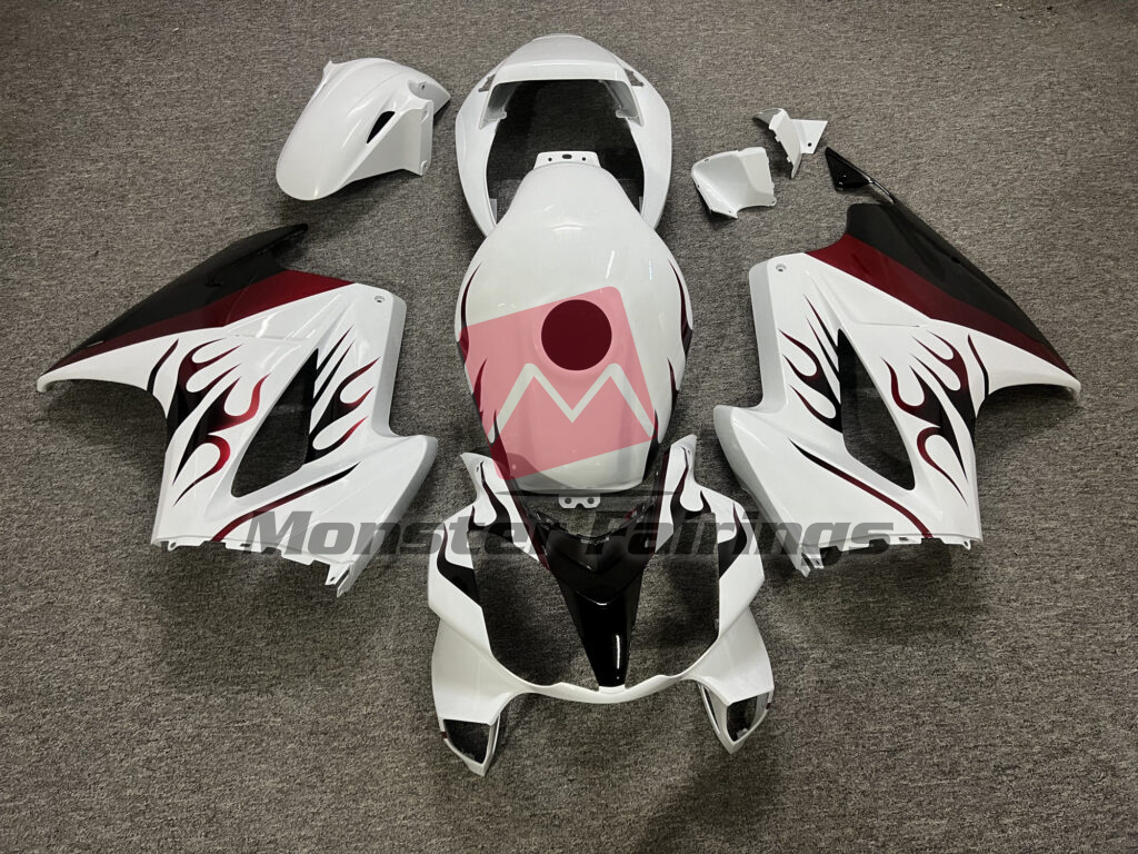 Honda VFR800 2002 - 2012 Gloss White Red Flames ABS fairings - custom motorcycle bodywork kit by Monster Fairings