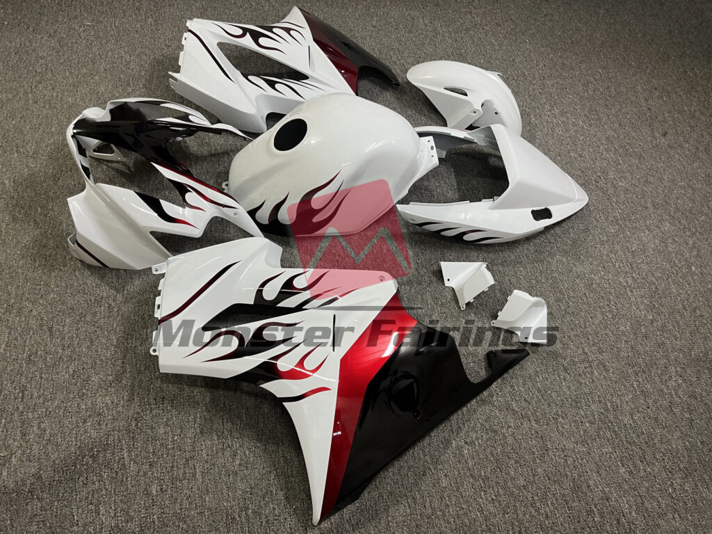 2002 - 2012 Honda VFR800 Gloss White Red Flames fairing set - ABS injection, custom painted by Monster Fairings