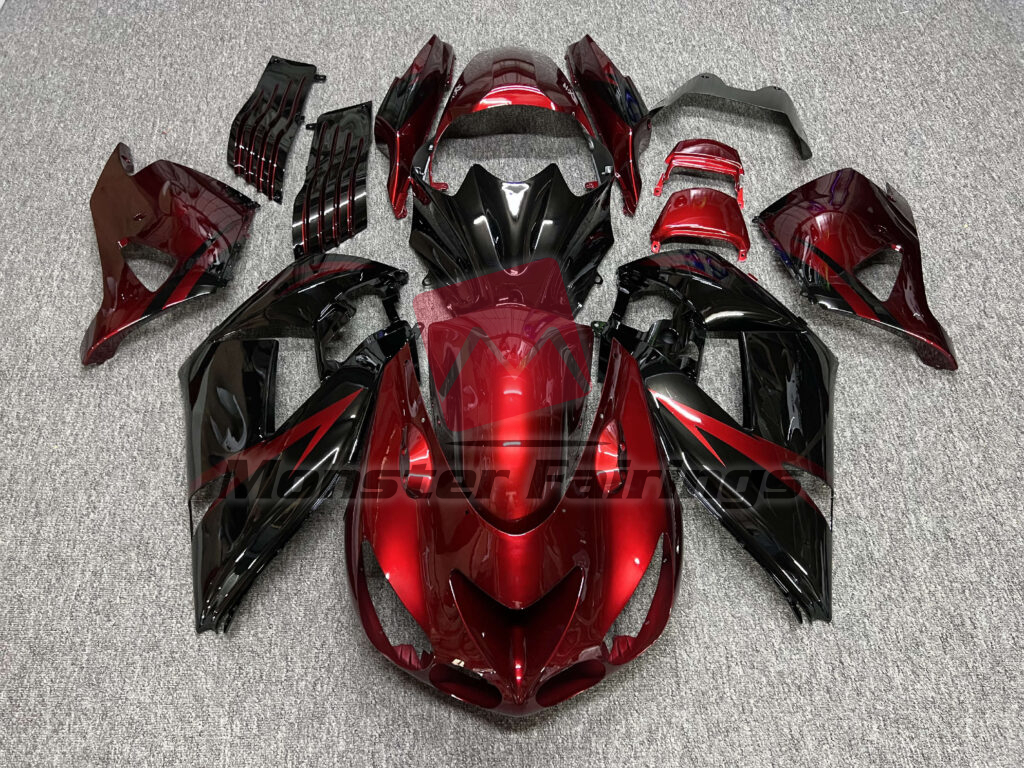 Kawasaki ZX14R 2006 - 2011 Gloss Candy Red & Black ABS fairings - custom motorcycle bodywork kit by Monster Fairings