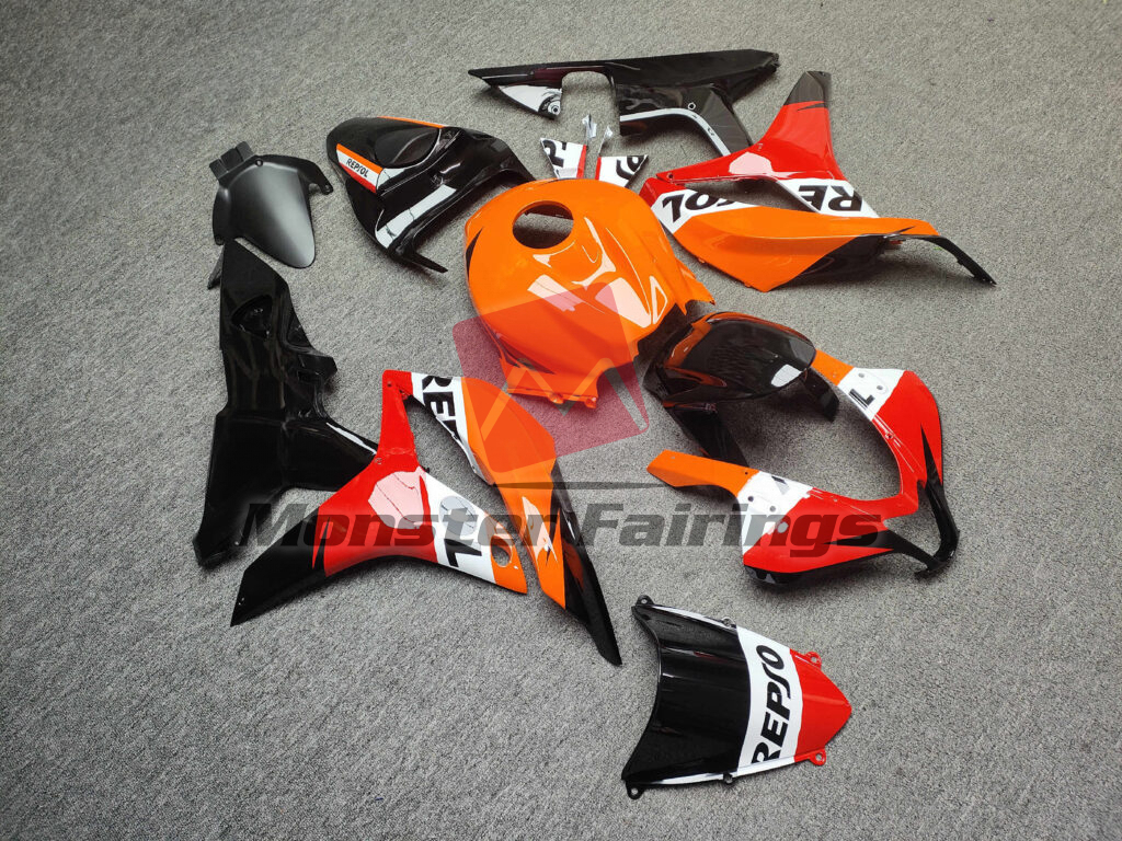 2007 - 2008 Honda CBR600RR Gloss Orange & Black Repsol fairing set - ABS injection, custom painted by Monster Fairings