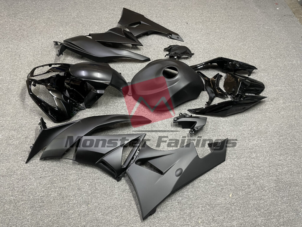 2009 - 2012 Kawasaki ZX6R Matte & Gloss Black fairing set - ABS injection, custom painted by Monster Fairings