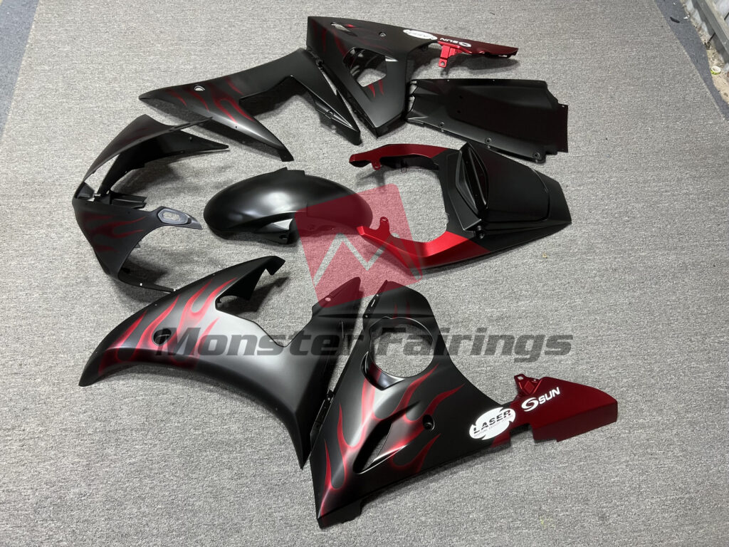 2003 - 2004 Yamaha R6 Matte Red Flame fairing set - ABS injection, custom painted by Monster Fairings