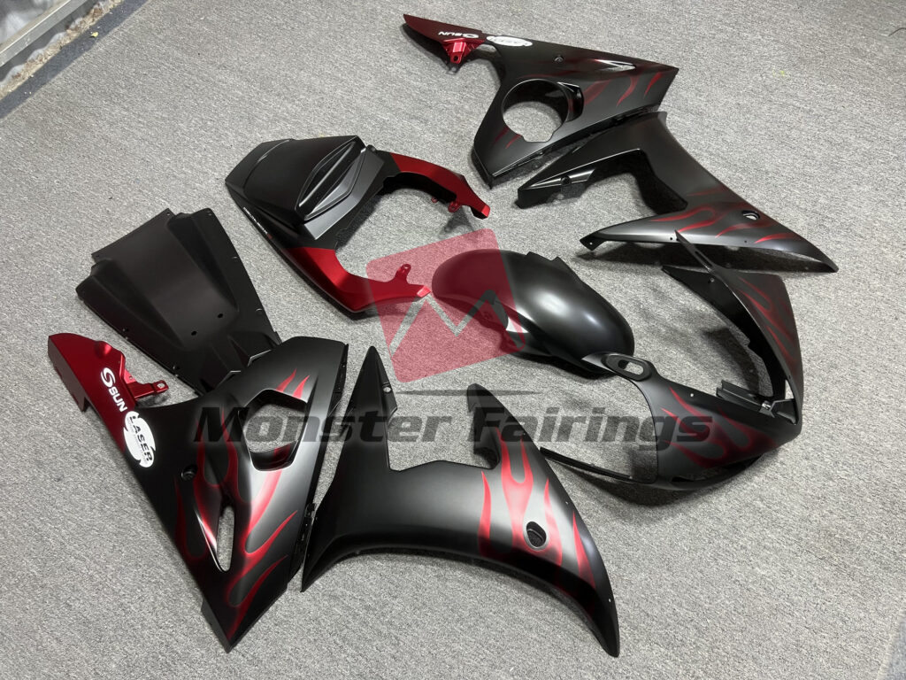 Yamaha R6 custom ABS fairings 2003 - 2004 in Matte Red Flame - durable replacement kit, Monster Fairings