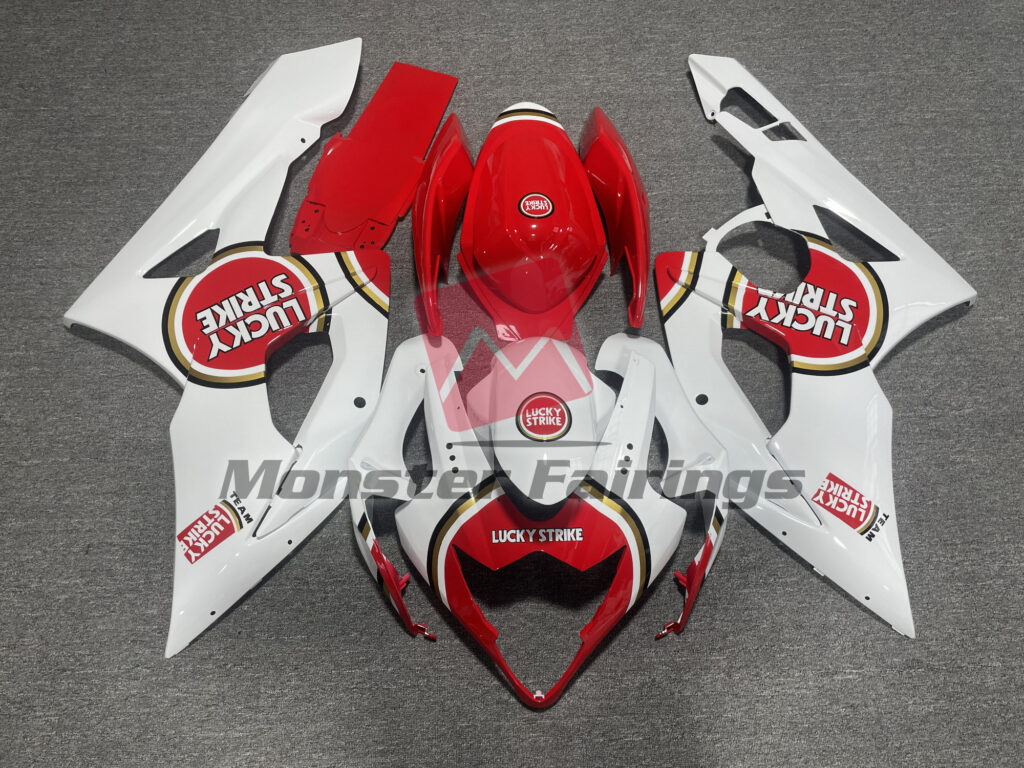 Suzuki GSXR 1000 2005 - 2006 Gloss White & Red Lucky Strike ABS fairings - custom motorcycle bodywork kit by Monster Fairings