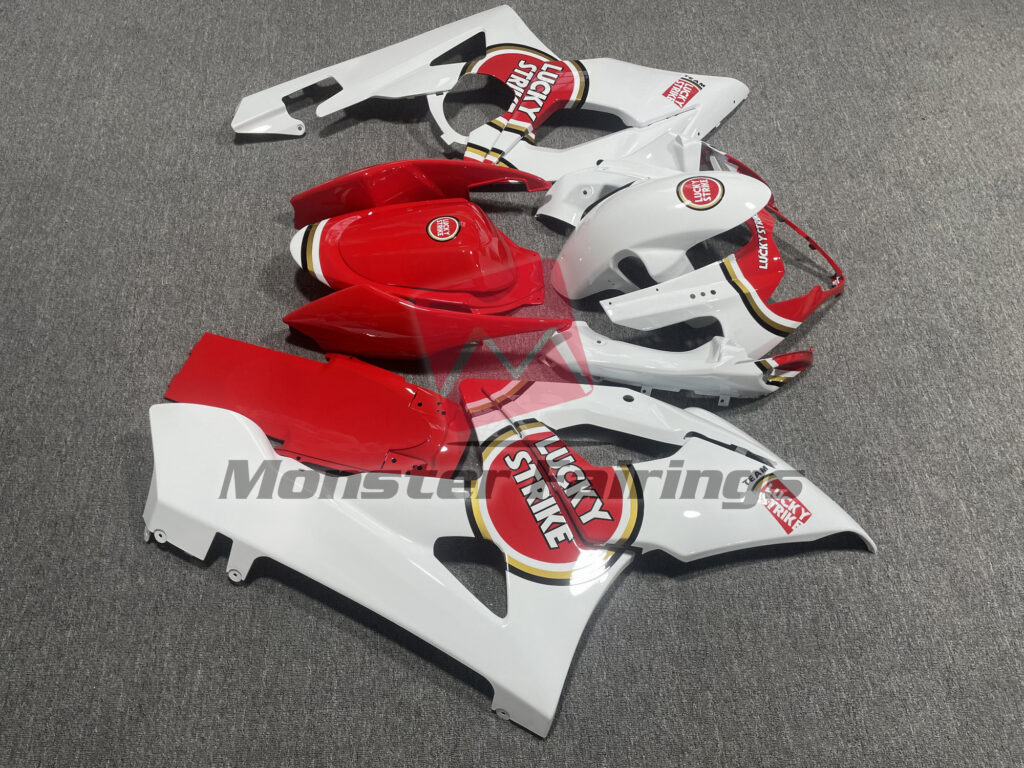 2005 - 2006 Suzuki GSXR Gloss White & Red Lucky Strike fairing set - ABS injection, custom painted by Monster Fairings