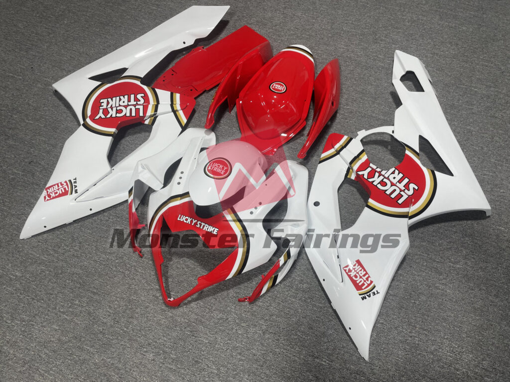 Suzuki GSXR custom ABS fairings 2005 - 2006 in Gloss White & Red Lucky Strike - durable replacement kit, Monster Fairings