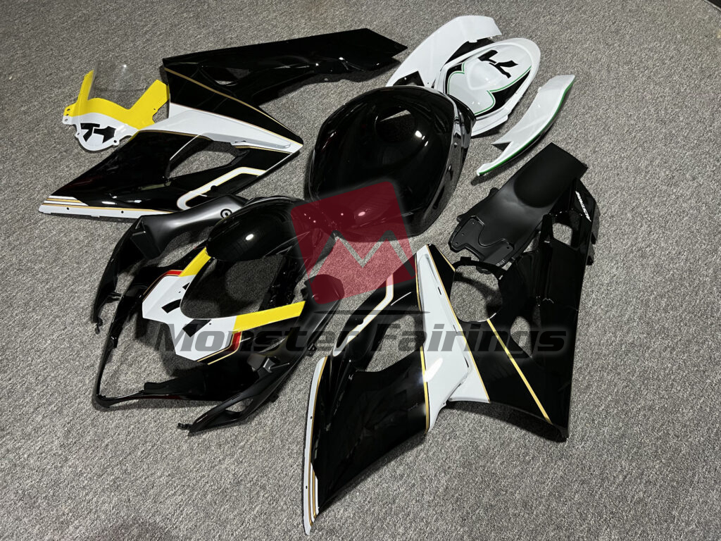 Suzuki GSXR custom ABS fairings 2005 - 2006 in Gloss Black & White with Yellow - durable replacement kit, Monster Fairings