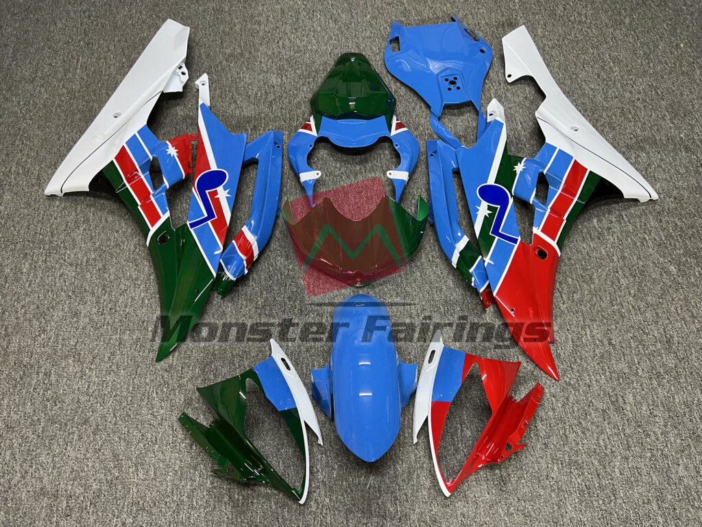 Yamaha R6 2006 - 2007 Gloss White & Light Blue with Green ABS fairings - custom motorcycle bodywork kit by Monster Fairings
