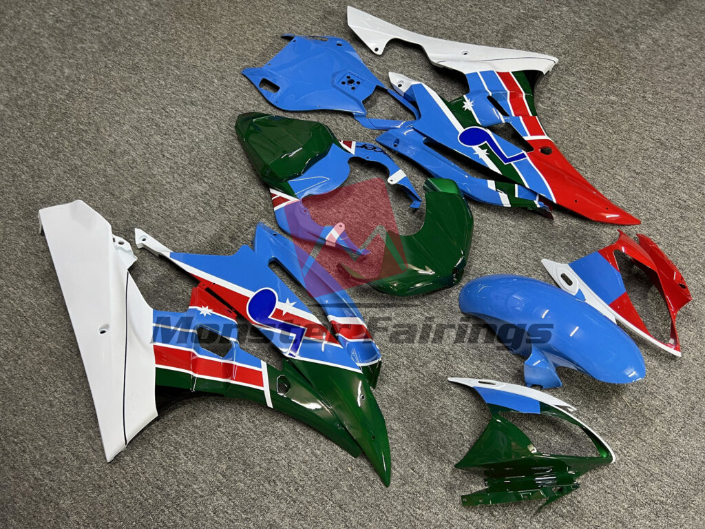 Yamaha R6 custom ABS fairings 2006 - 2007 in Gloss White & Light Blue with Green - durable replacement kit, Monster Fairings