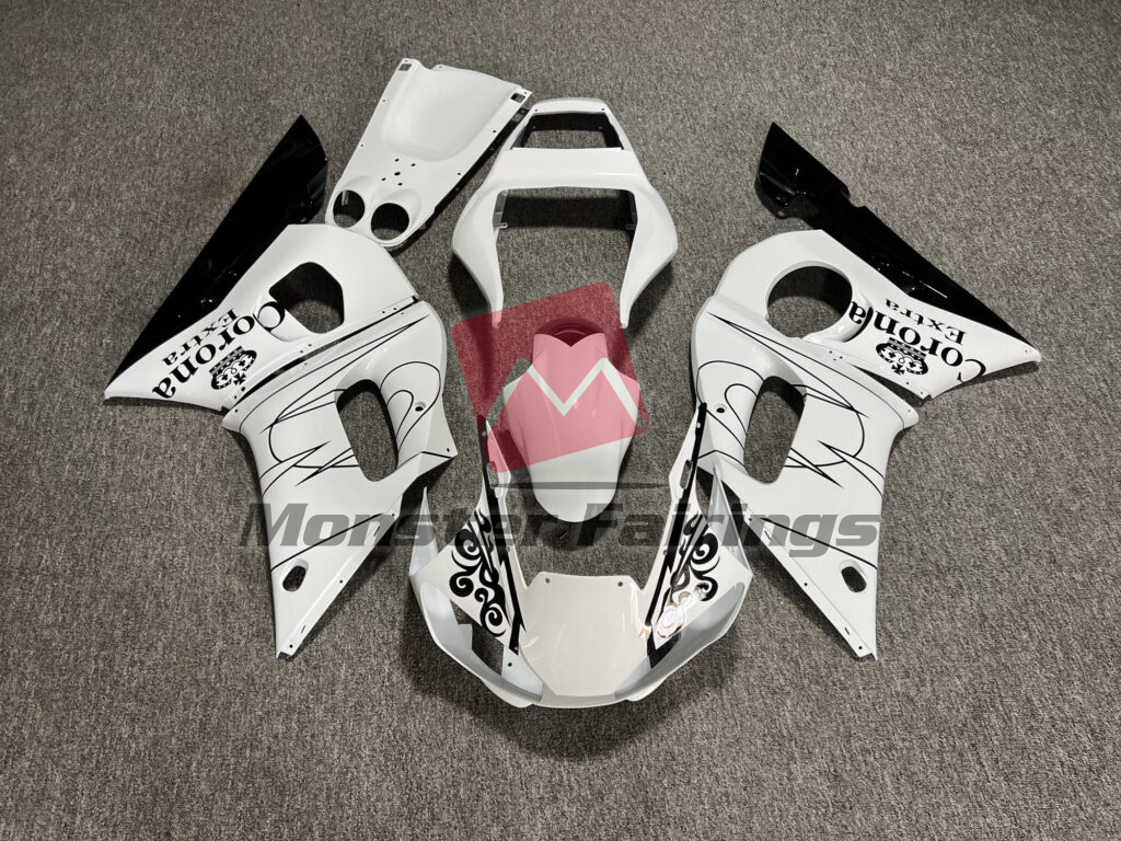 Yamaha R6 1998 - 2002 Gloss White with Black Corona ABS fairings - custom motorcycle bodywork kit by Monster Fairings
