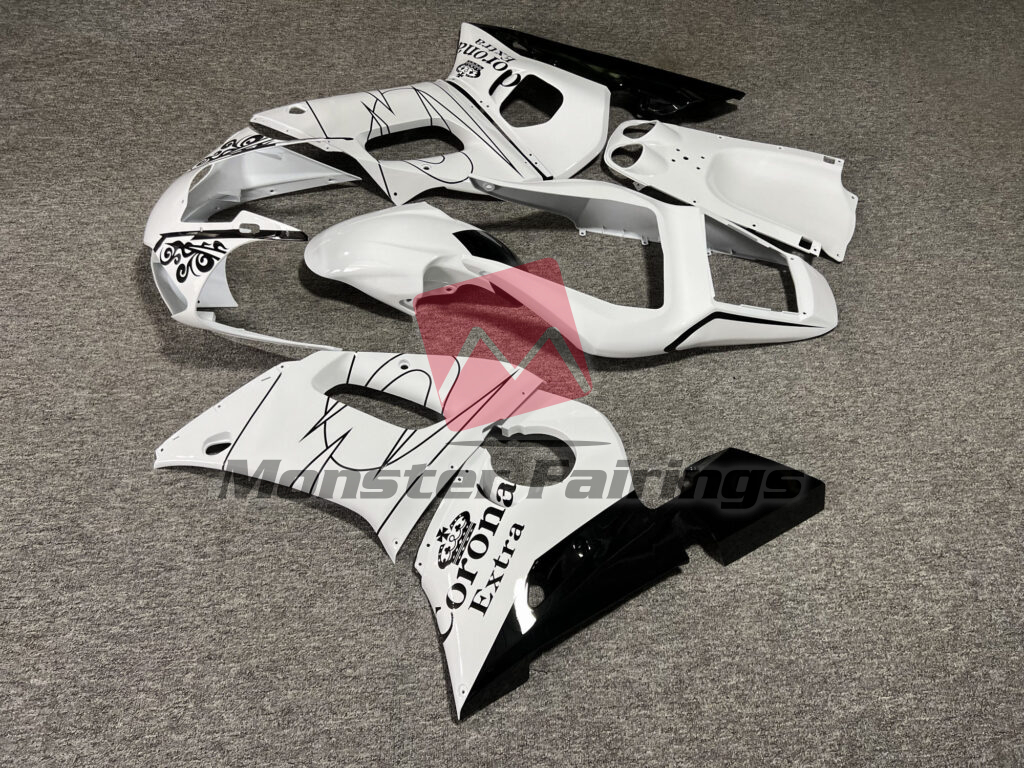 1998 - 2002 Yamaha R6 Gloss White with Black Corona fairing set - ABS injection, custom painted by Monster Fairings