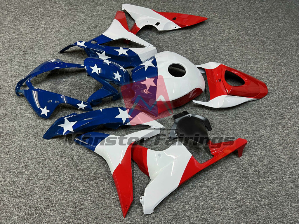 2007 - 2008 Honda CBR600RR Gloss White & Blue Red fairing set - ABS injection, custom painted by Monster Fairings
